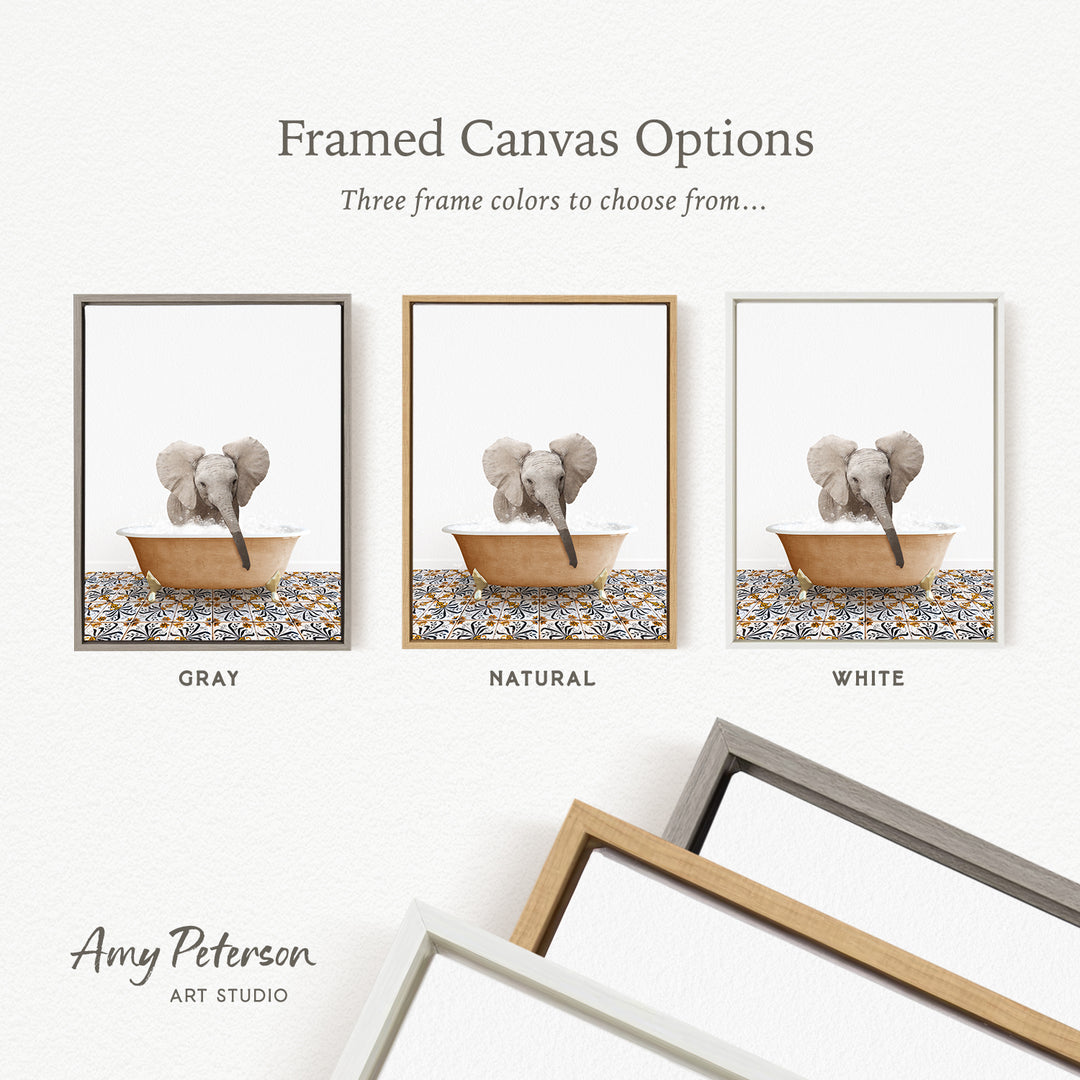 three framed canvas options, each with a different color: gray, natural, and white. The text above the images reads " framed Canvas Options" and "Three frame colors to choose from...". The text below the images reads "Grays", "NATURAL", and "WHITE". The artist's name, Amy Peterson, is also mentioned at the bottom of the image.