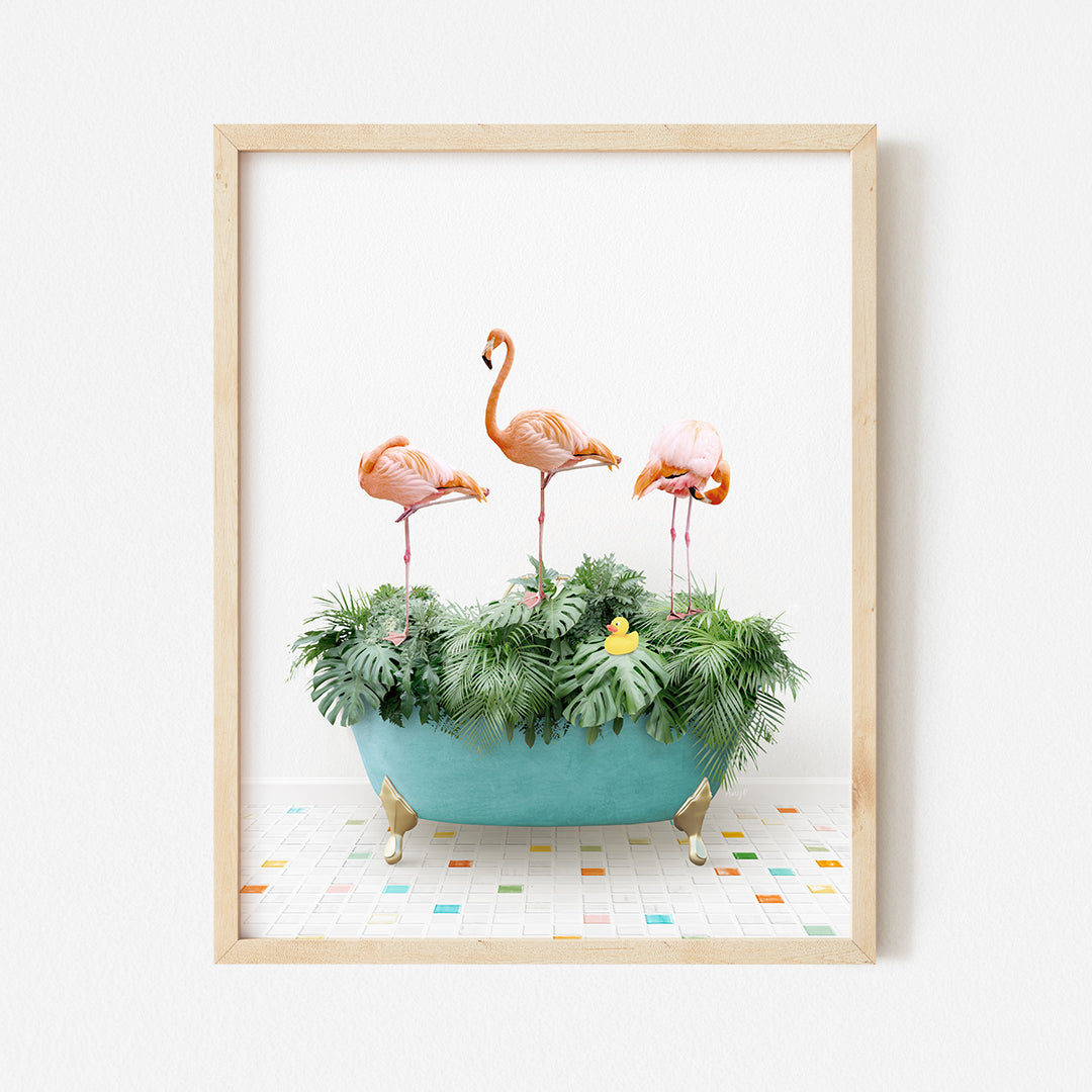 three flamingos are standing in a planter on a tiled floor