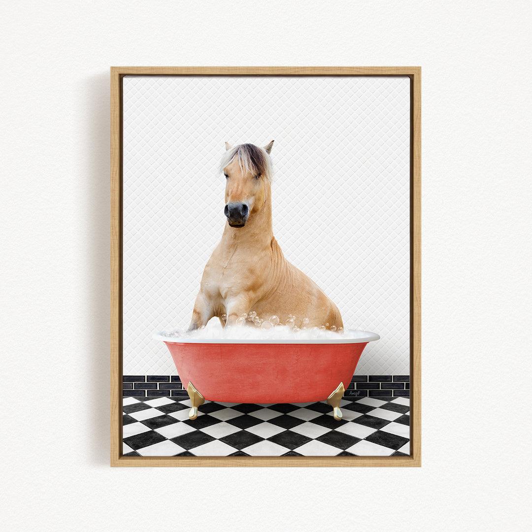 A horse sitting in a red bathtub filled with water, surrounded by a black and white checkered floor.