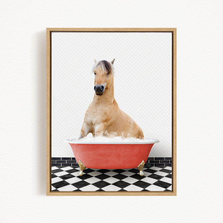 A horse sitting in a red bathtub filled with water, surrounded by a black and white checkered floor.