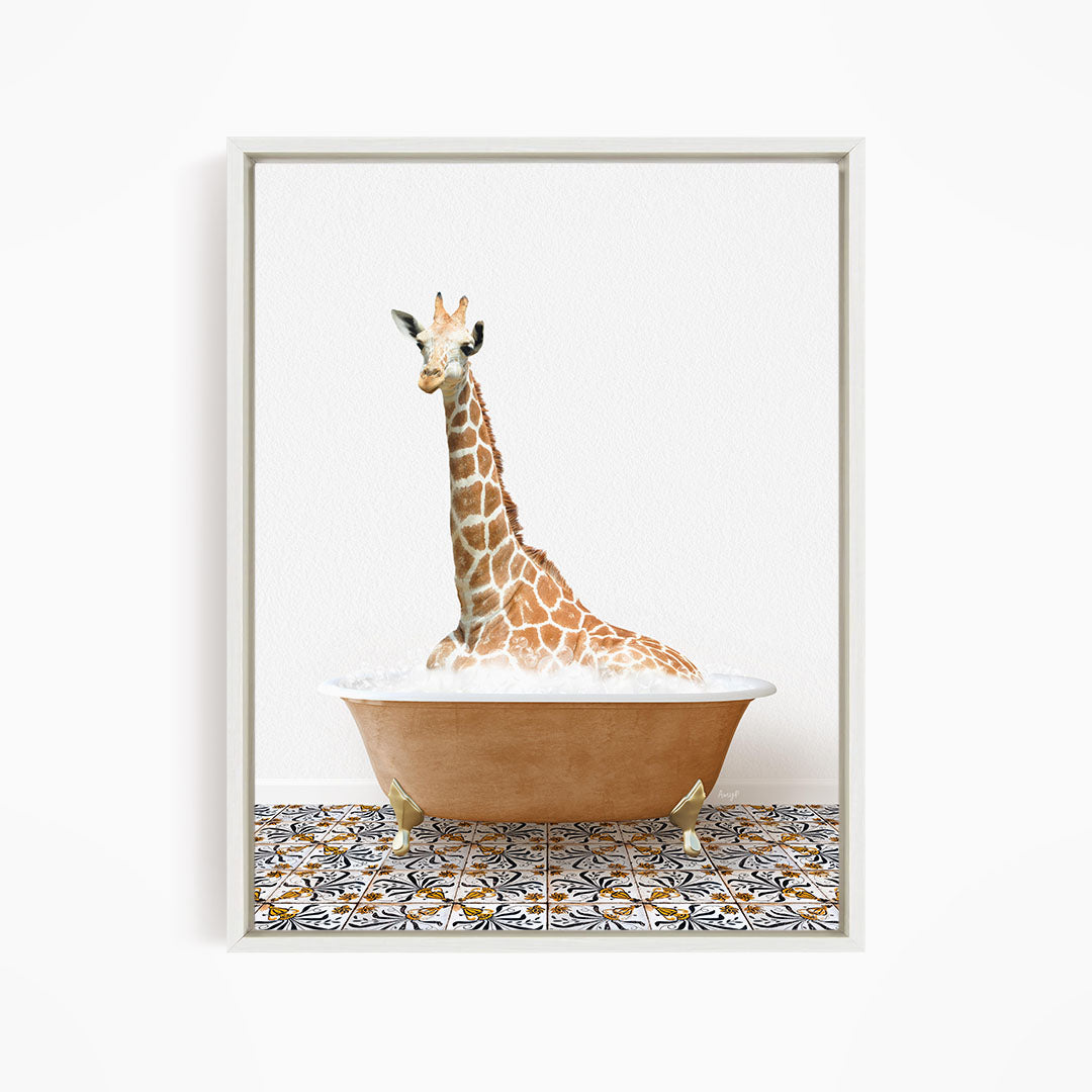 A giraffe is sitting in a bathtub filled with water, creating a whimsical and playful scene.