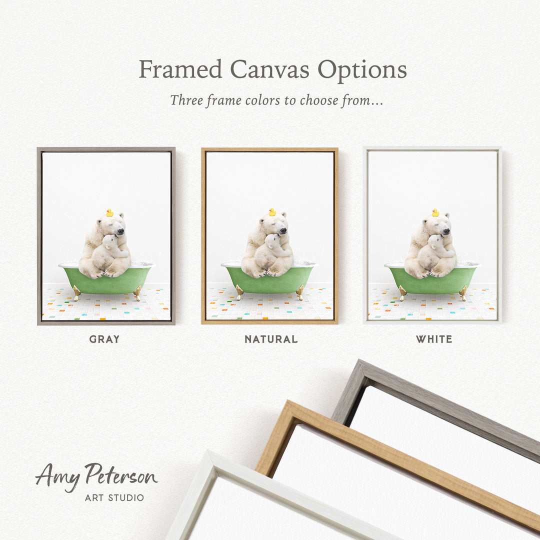 three framed canvas options featuring a white bear sitting in a green bathtub, with each option having a different frame color.