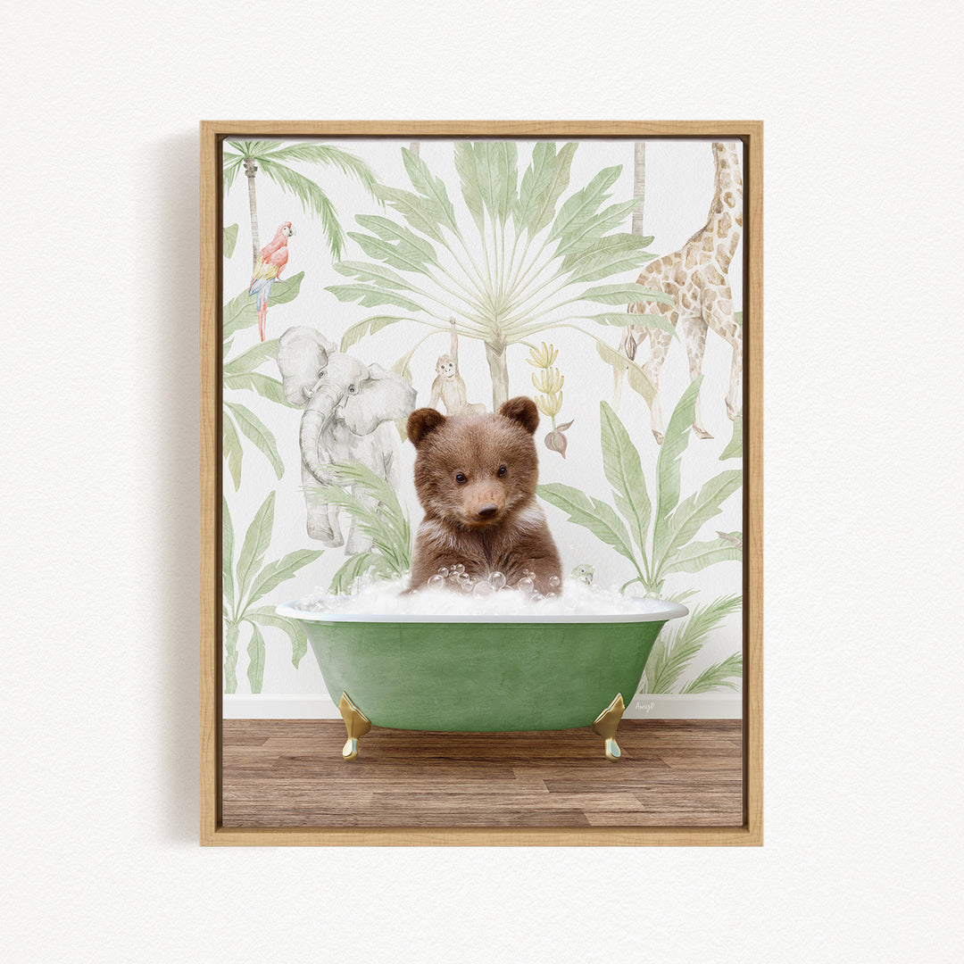 A brown bear sitting in a green bathtub filled with water, surrounded by a tropical wallpaper with various animals and plants.