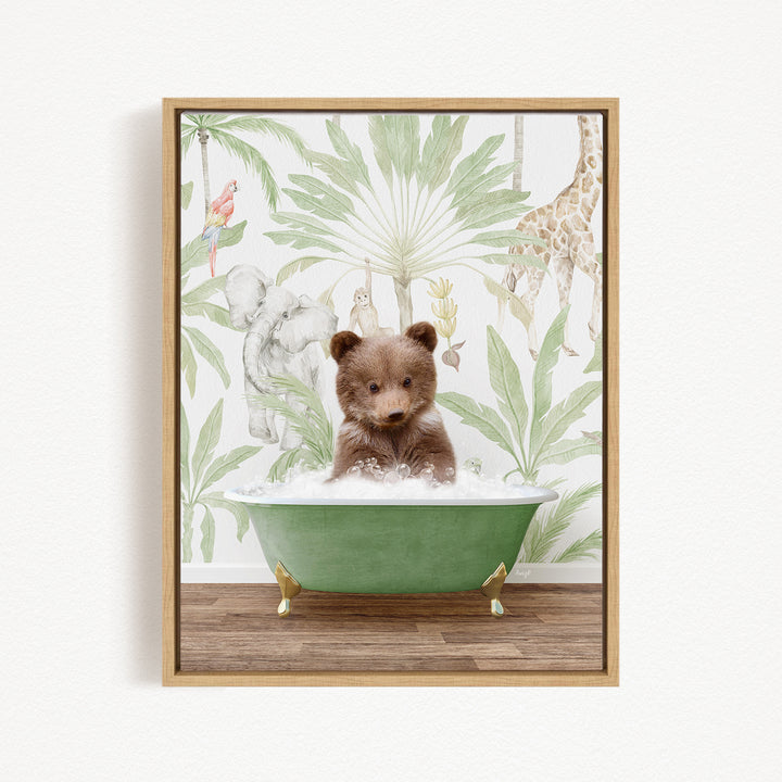 A brown bear sitting in a green bathtub filled with water, surrounded by a tropical wallpaper with various animals and plants.