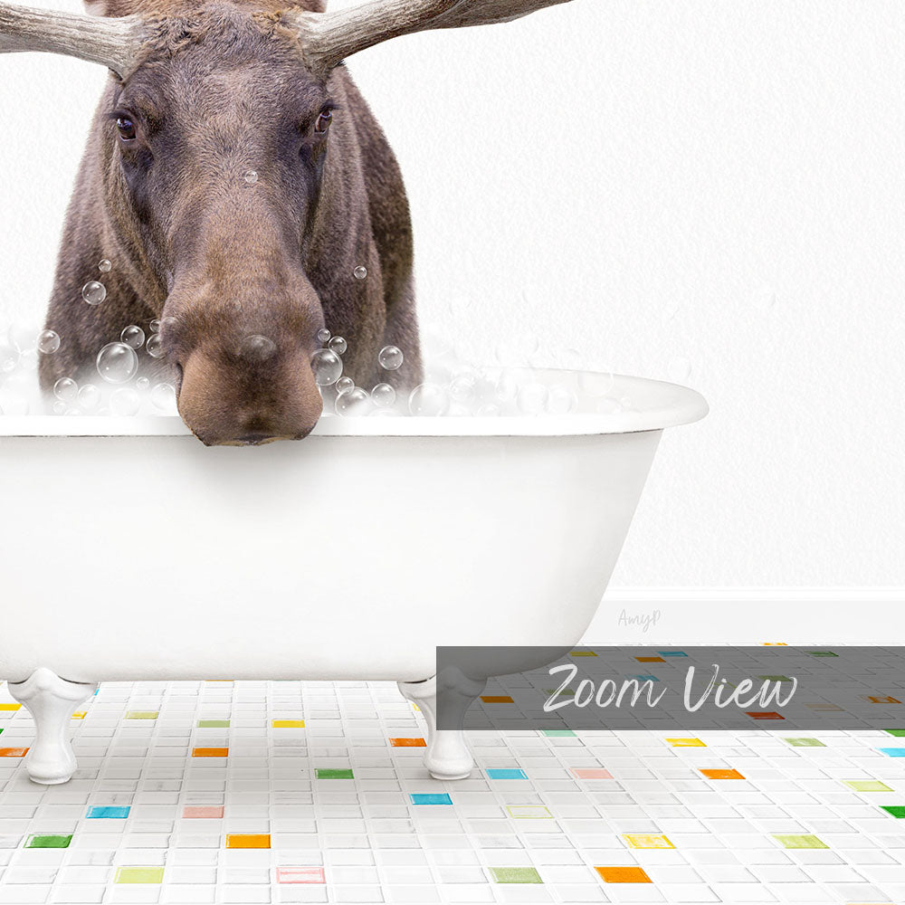 A moose is taking a bath in a white bathtub, surrounded by colorful tiles on the floor.