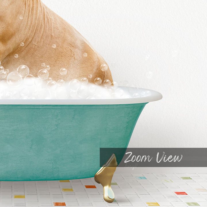 A dog is sitting in a blue bathtub filled with bubbles, enjoying a relaxing bath.