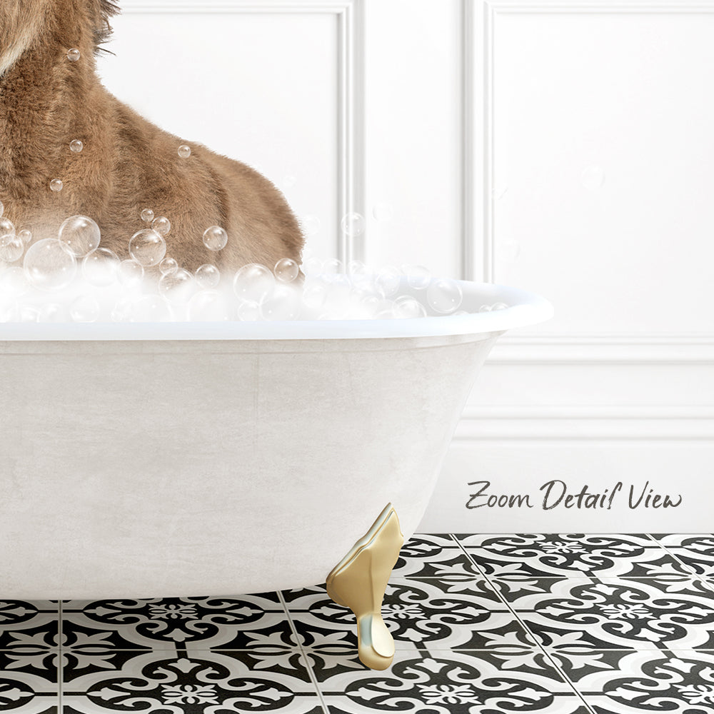 A dog is standing in a bathtub filled with bubbles, enjoying a relaxing bath.