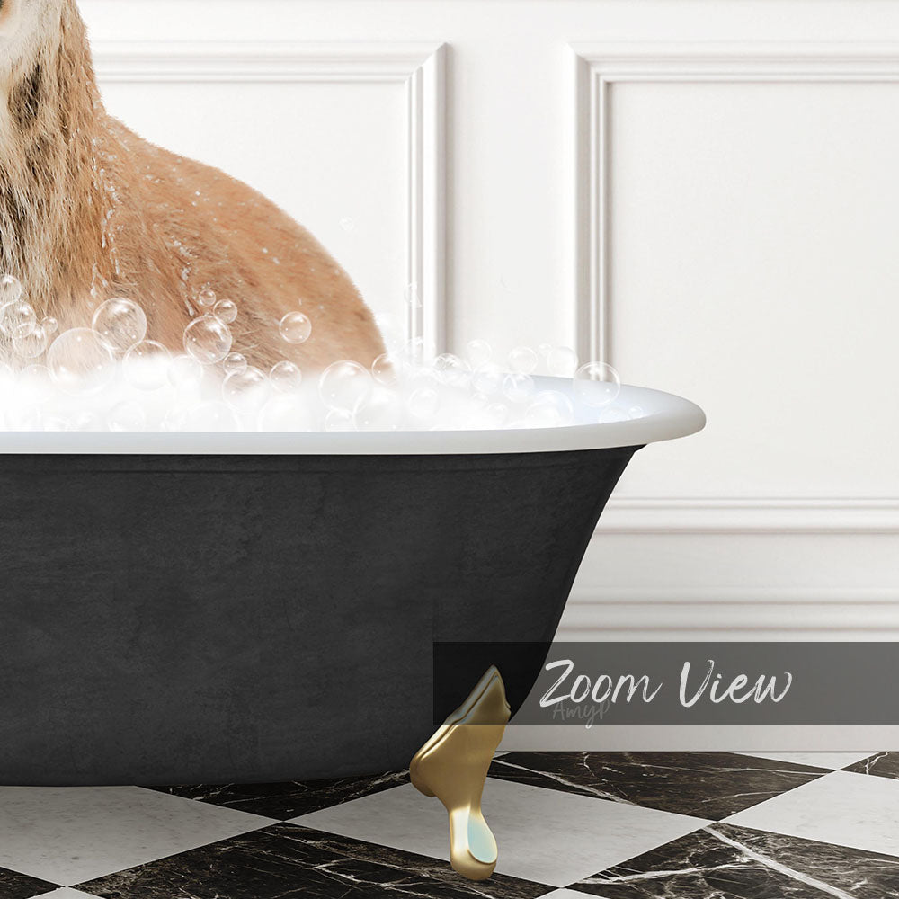 A cat sitting in a bathtub filled with bubbles, with a black and white checkered floor and a gold bathtub faucet visible in the image.
