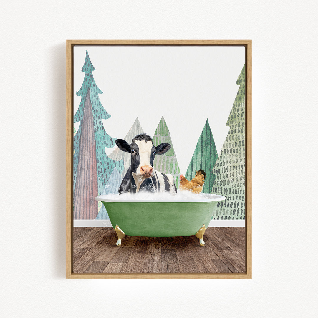 A cow is sitting in a green bathtub filled with water, surrounded by a forest scene with trees and a bird.