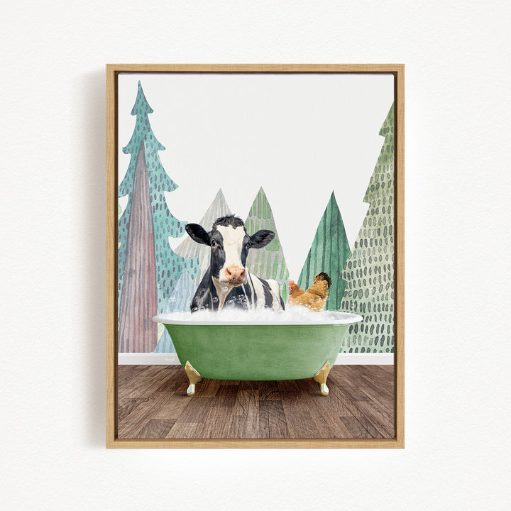 A cow is sitting in a green bathtub filled with water, surrounded by a forest scene with trees and a bird.