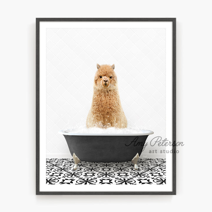 a dog sitting in a bathtub with a black frame