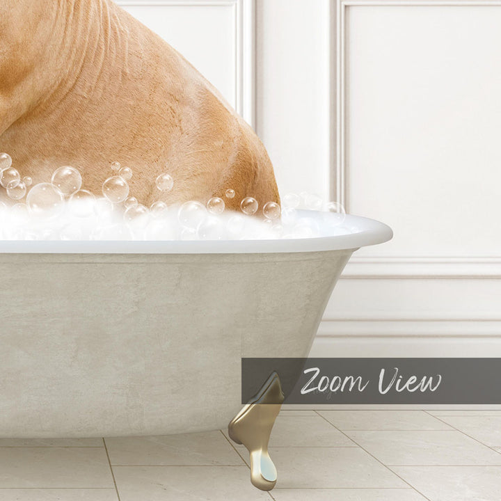 A dog is sitting in a bathtub filled with bubbles, enjoying a relaxing bath.