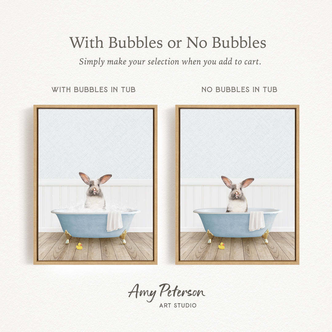 The image is a collage of two pictures, each featuring a rabbit sitting in a bathtub. The rabbit is sitting in a blue bathtub with a towel draped over its body. The rabbit is sitting on a wooden floor. The image on the left has bubbles in the tub, while the image on the right does not have bubbles.