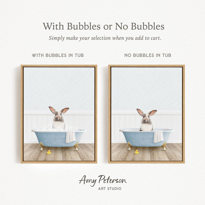 The image is a collage of two pictures, each featuring a rabbit sitting in a bathtub. The rabbit is sitting in a blue bathtub with a towel draped over its body. The rabbit is sitting on a wooden floor. The image on the left has bubbles in the tub, while the image on the right does not have bubbles.
