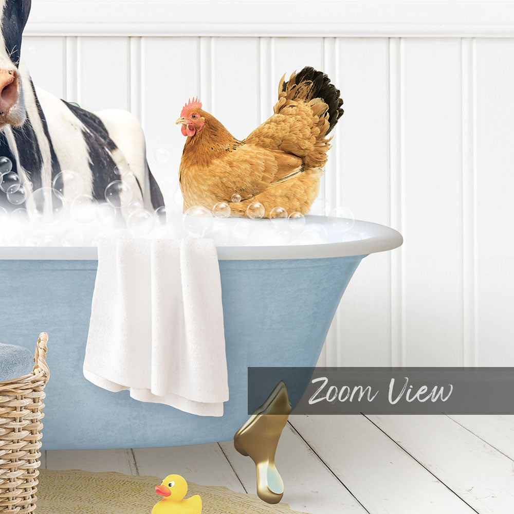 A chicken is sitting in a bathtub filled with bubbles, surrounded by a yellow rubber duck and a white towel.