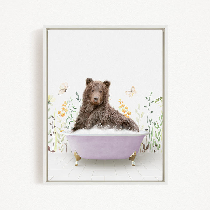 A brown bear sitting in a purple bathtub filled with bubbles, surrounded by flowers and butterflies.