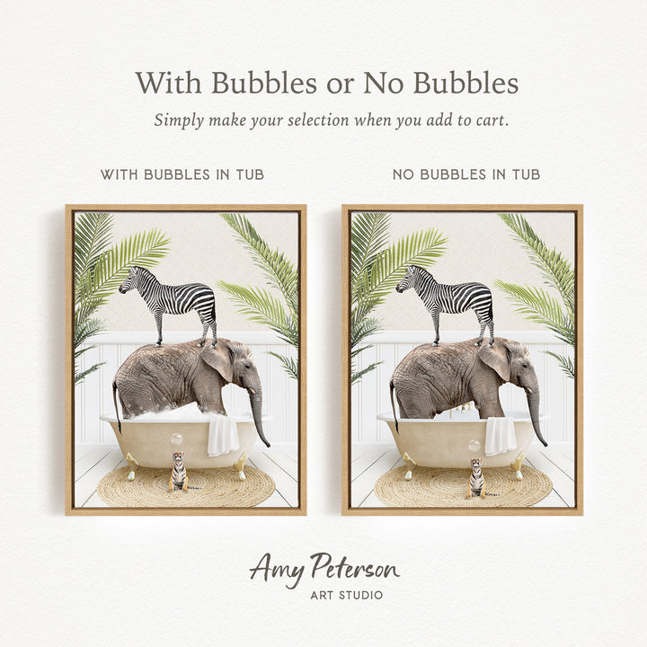 The image is a collage of two framed pictures depicting a zebra standing on an elephant's back while both animals are in a bathtub.