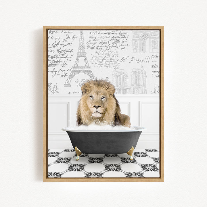 A lion is sitting in a bathtub filled with bubbles, surrounded by a black and white tiled floor and a wall with the Eiffel Tower and other Parisian landmarks.