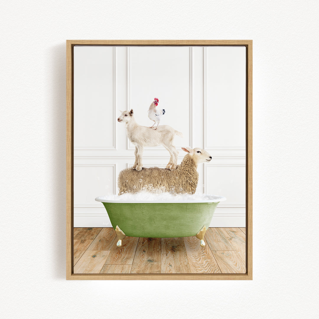A framed image depicting a white goat standing on a brown sheep in a green bathtub, with a rooster perched on the sheep's back.