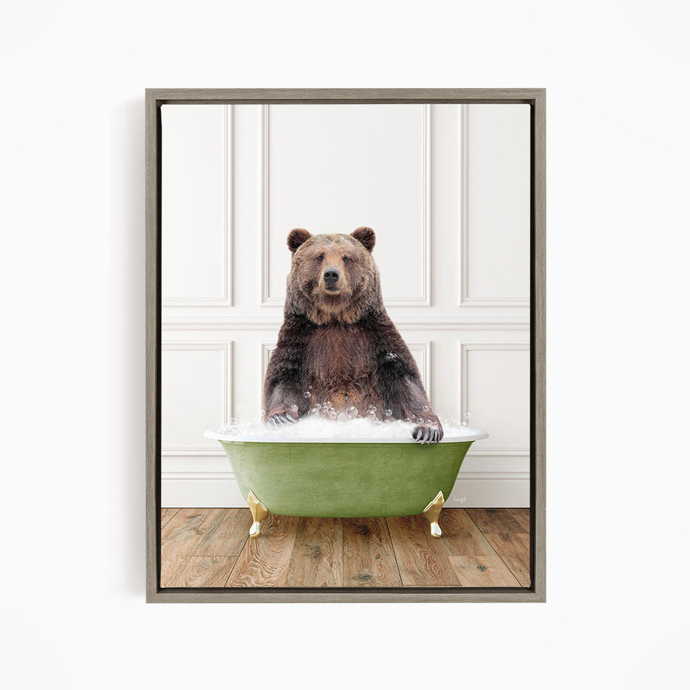 A brown bear sitting in a green bathtub filled with water, appearing to enjoy the bath.
