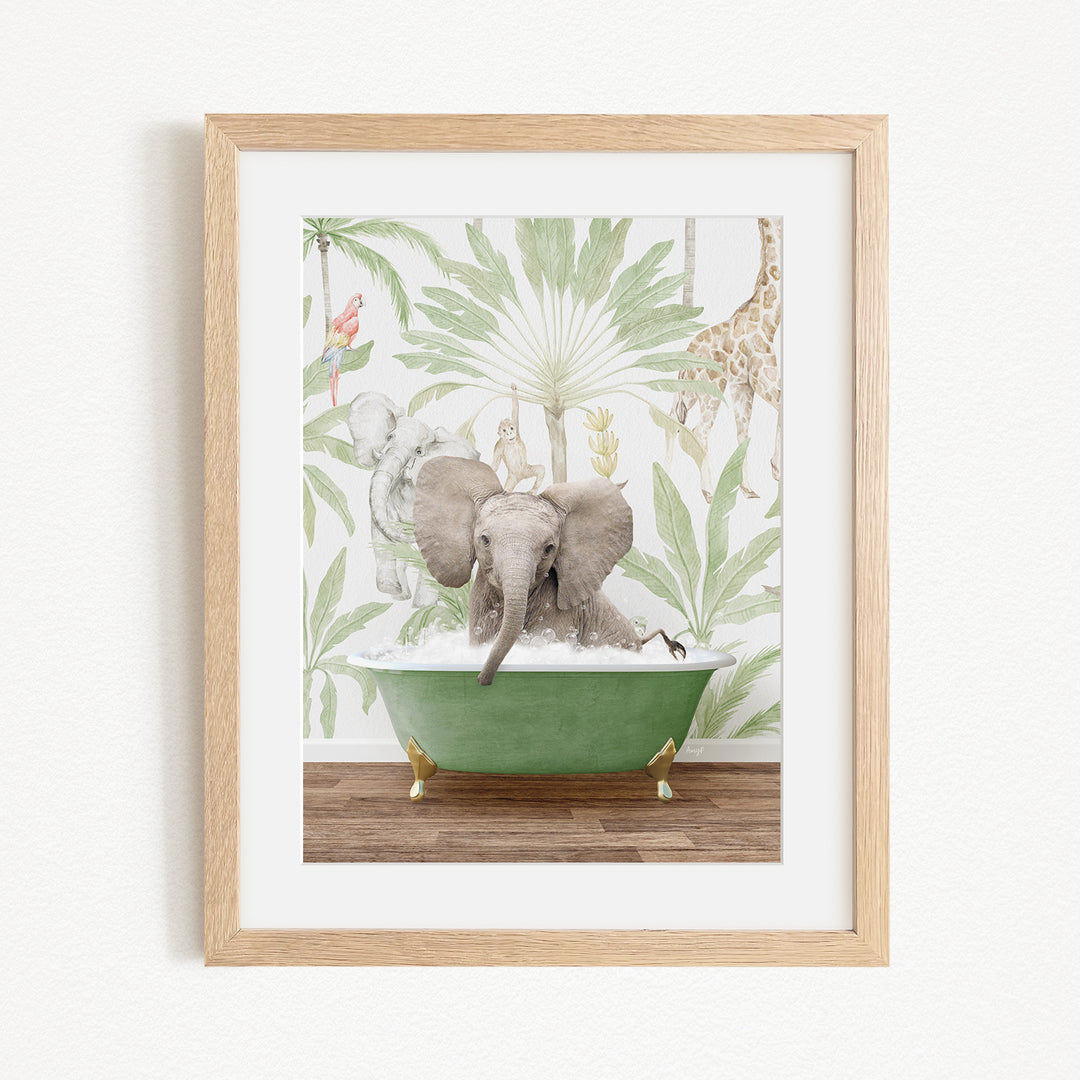 A framed image depicting an elephant sitting in a green bathtub, surrounded by various animals and plants, creating a whimsical and playful scene.