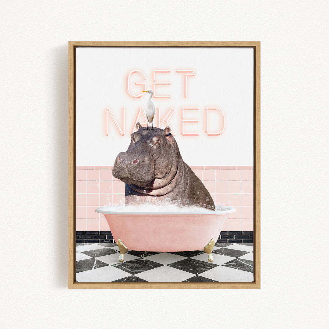 A framed image depicting a hippopotamus sitting in a pink bathtub, with a seagull perched on its head. The background features pink tiles and the text "GET NAKED" in orange neon letters.