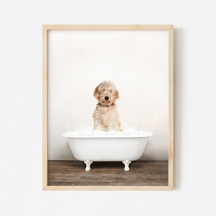 a dog sitting in a bathtub with foam on it