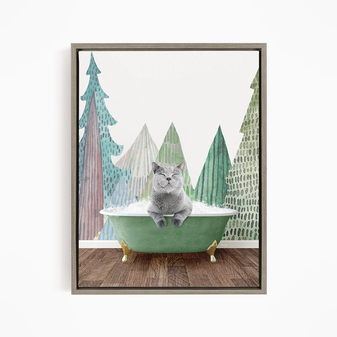 A gray cat sitting in a green bathtub, surrounded by a forest scene with trees in various shades of green and brown.