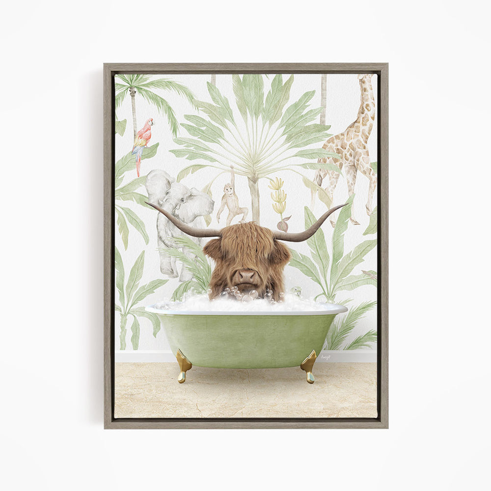 A framed illustration depicting a cow with long horns sitting in a green bathtub, surrounded by tropical foliage and animals.