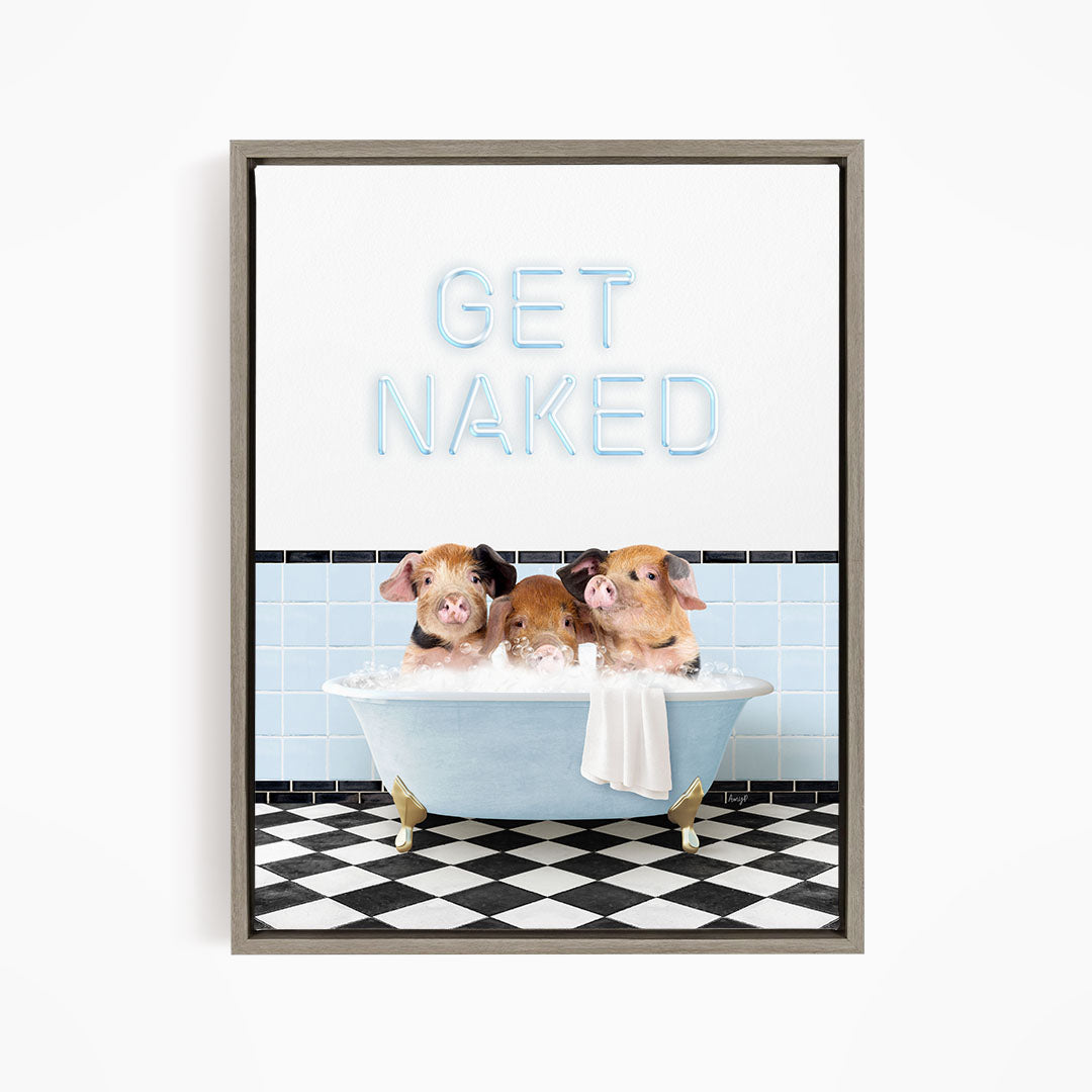 Three adorable pigs sitting in a bathtub, with the text "GET NAKED" displayed above them.