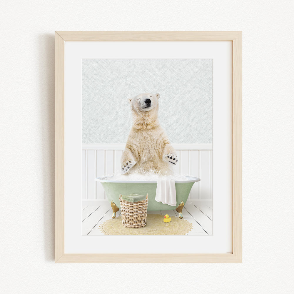 A polar bear standing in a green bathtub filled with water, surrounded by rubber ducks and a basket.