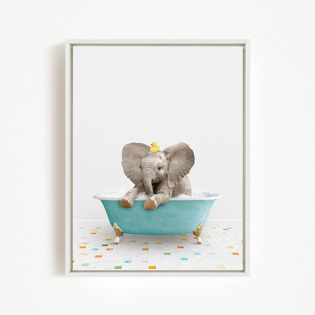 A baby elephant sitting in a blue bathtub, with a yellow rubber duck on its head.