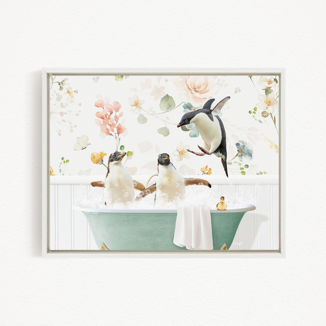 A framed image depicting three penguins sitting in a bathtub, surrounded by flowers and greenery.