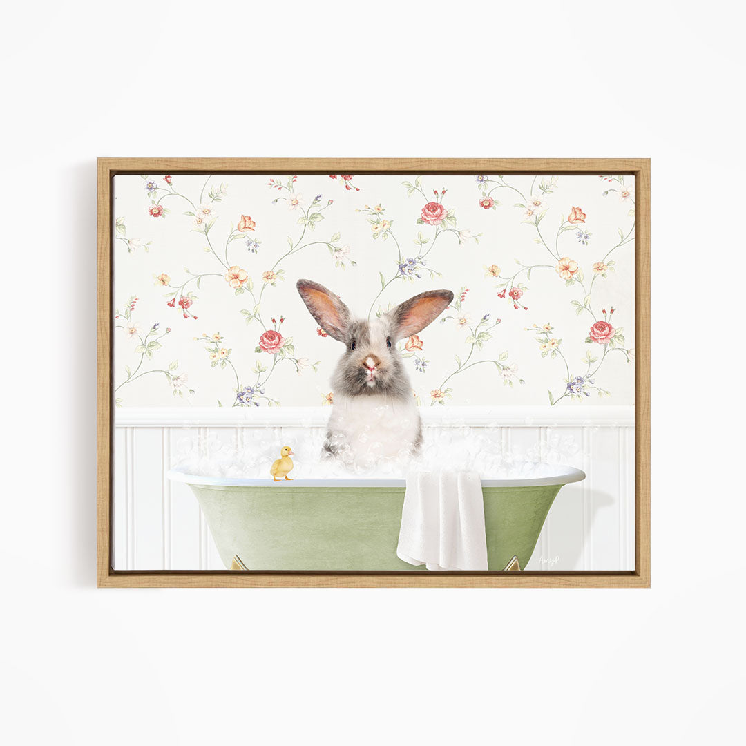 A white rabbit sitting in a green bathtub, surrounded by a floral wallpaper.