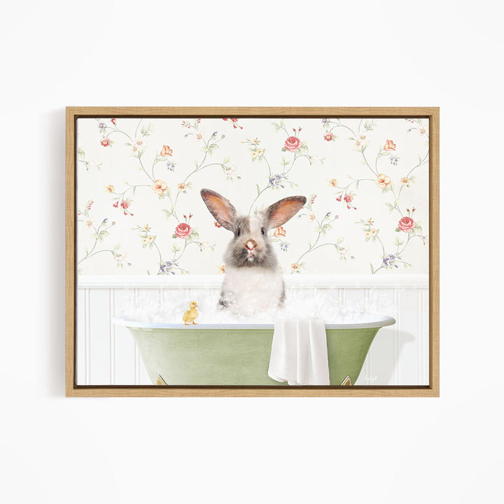 A white rabbit sitting in a green bathtub, surrounded by a floral wallpaper.