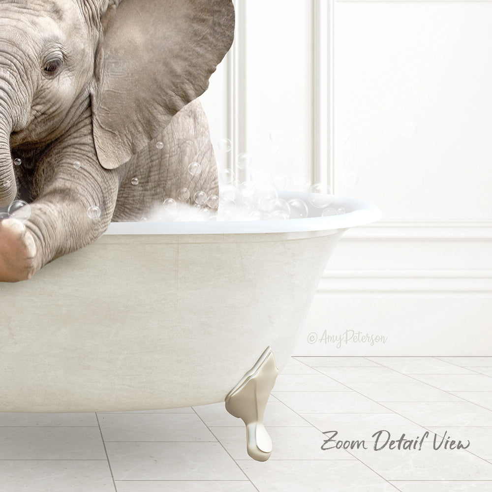 A baby elephant sitting in a white bathtub filled with water, creating a whimsical and playful scene.