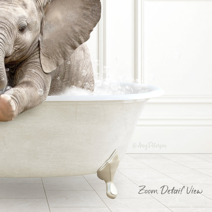 A baby elephant sitting in a white bathtub filled with water, creating a whimsical and playful scene.
