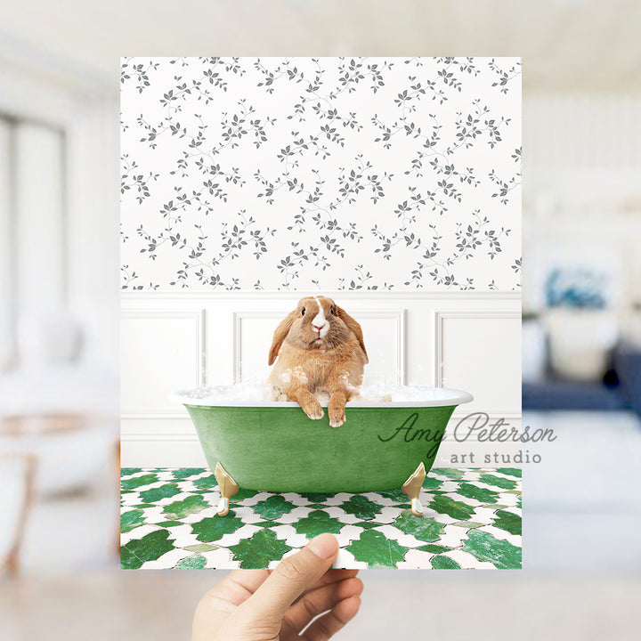 a person holding up a card with a picture of a rabbit in a bathtub