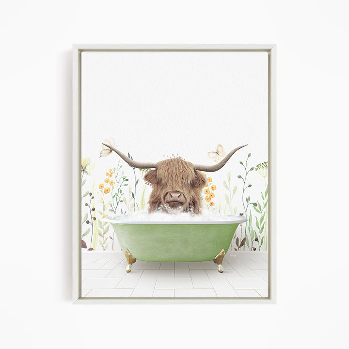 A brown cow with large horns is sitting in a green bathtub filled with water, surrounded by flowers and plants.