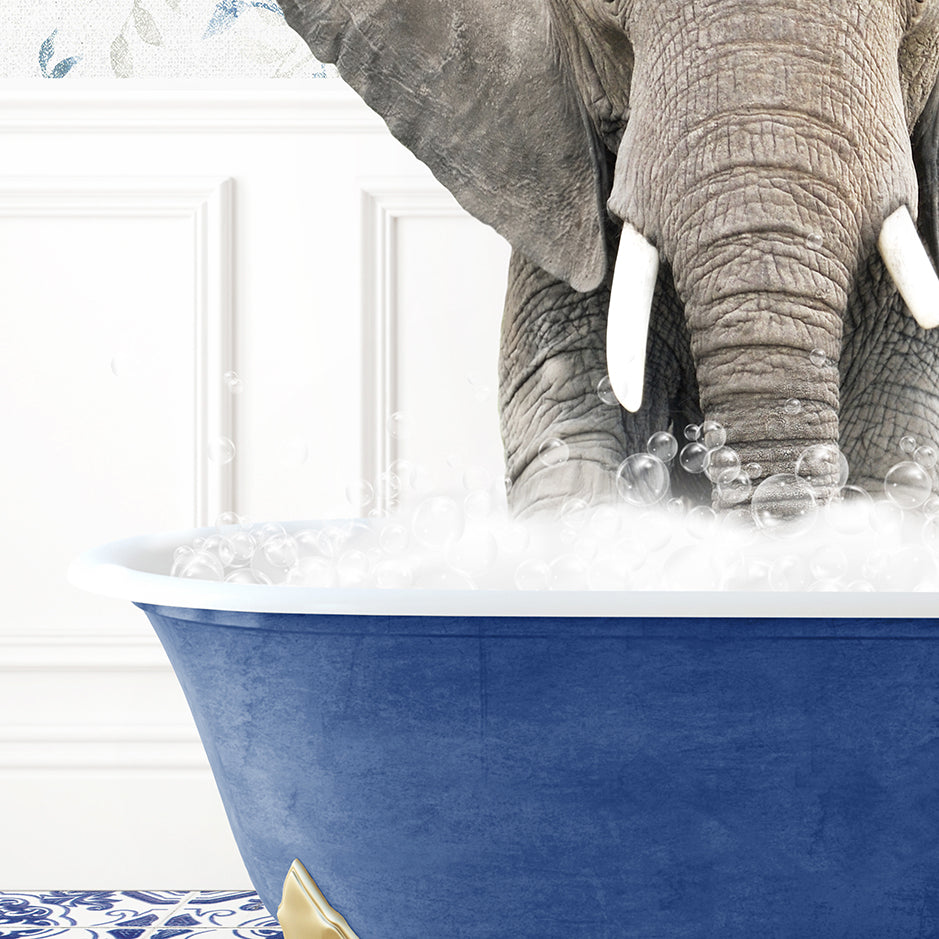 an elephant is standing in a bathtub with bubbles