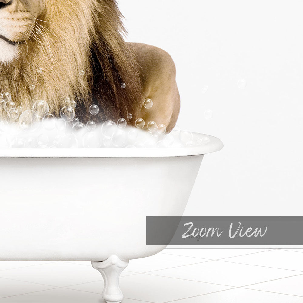 A lion is sitting in a white bathtub filled with bubbles, creating a whimsical and playful scene.