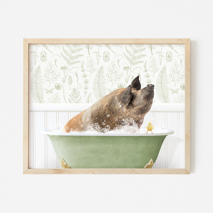 a dog taking a bath in a green bathtub