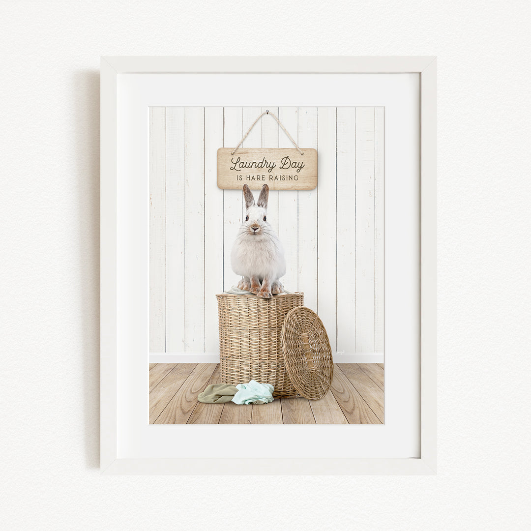 A white rabbit sits atop a wicker laundry basket, with a wooden sign above that reads "Laundry Day is hard washing".