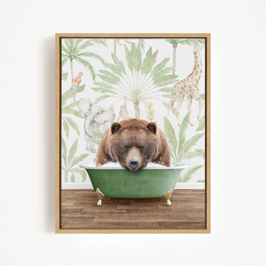 A brown bear is sitting in a green bathtub, surrounded by a tropical wallpaper with various animals such as a giraffe, parrot, and elephant.