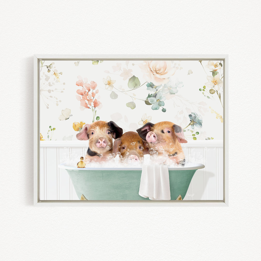 Three adorable pigs sitting in a green bathtub, enjoying a bubble bath surrounded by a floral background.