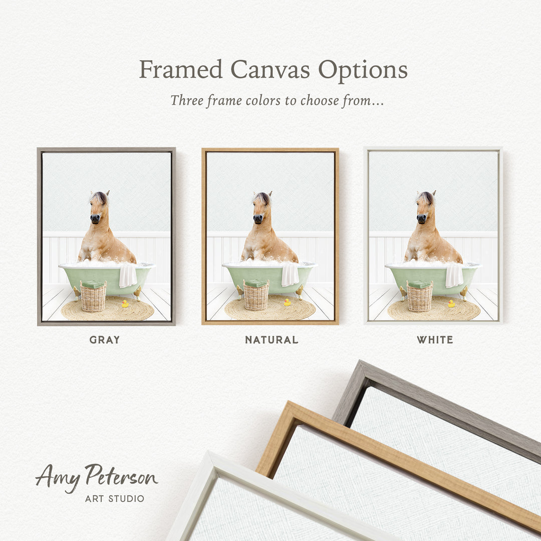 three framed canvas options, each featuring a brown dog sitting in a bathtub. The options include a gray frame, a natural frame, and a white frame. The text above the images reads " framed Canvas Options" and "Three frame colors to choose from...".