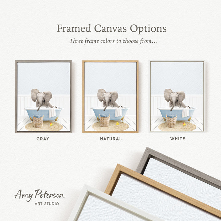 three framed canvas options featuring a gray elephant in a bathtub, with each option having a different frame color: gray, natural, and white.