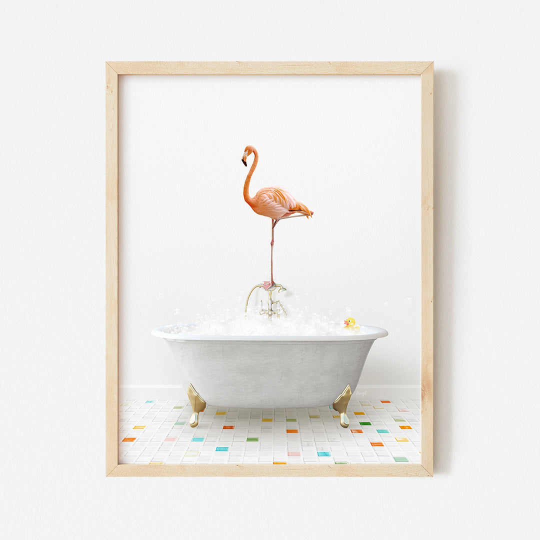 a flamingo standing on a bathtub in a bathroom