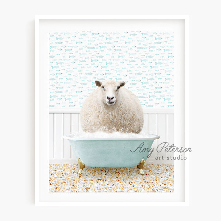 a sheep sitting in a bathtub with a blue wall behind it