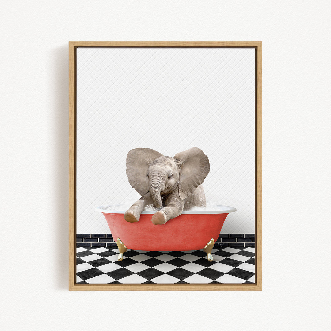 A baby elephant sitting in a red bathtub filled with water, surrounded by a black and white checkered floor.